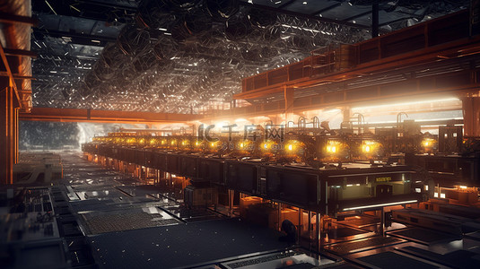 车间工厂背景图片_大型采矿车间机库的比特币工厂 3D 渲染