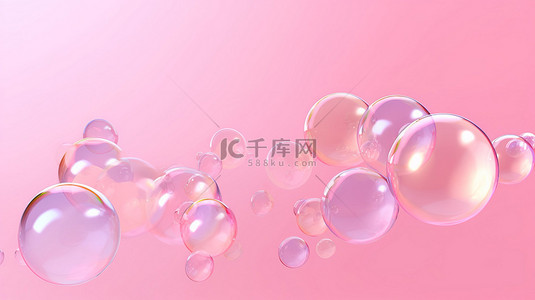 水背景图片_带有浮动肥皂泡的粉红色背景的 3D 渲染全景图像