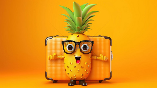 一个俏皮的卡通时髦菠萝角色，具有时髦的时尚感和一个充满活力的橙色旅行箱，背景是欢快的黄色背景 3D 渲染