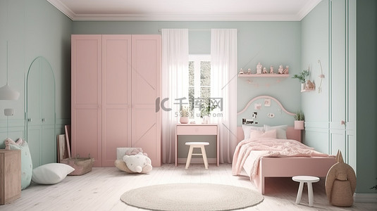 斯堪的纳维亚风格的儿童卧室，配有温暖柔和色调的衣柜 3D 渲染