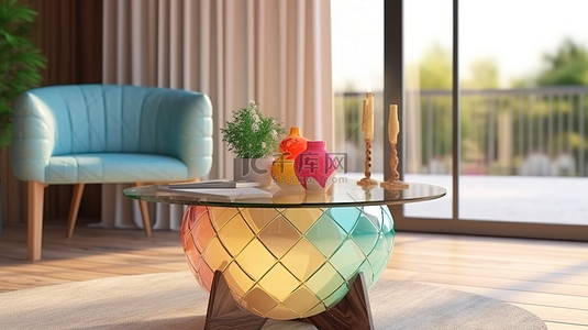 客厅装饰 3D 渲染的玻璃绗缝杂志桌
