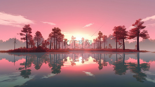 3D 渲染景观，湖面上美丽的日出，反射着绿树和粉红色的草