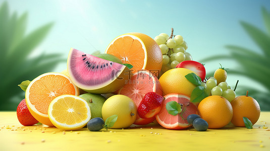 清爽背景图片_夏季欢乐什锦水果片，以西瓜柠檬和橙子为特色，采用清爽的 3D 渲染