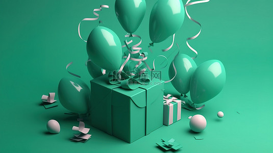 9岁生日背景图片_充满活力的绿色背景极简主义 3D 渲染中带气球和五彩纸屑的礼盒为 9 岁生日带来爆炸性惊喜