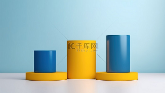 站立的男子背景图片_蓝色和黄色底座讲台上展示的化妆品的 3D 渲染