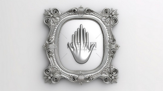 悬停在白色背景上的空白相框上的银色 hamsa 和法蒂玛护身符之手的 3D 渲染