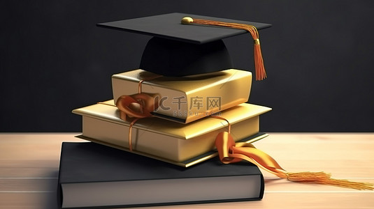 学术成就毕业帽文凭和简单背景 3D 渲染的书籍