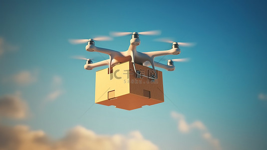 携带无人机的盒子在 3D 渲染中穿过清澈的蓝天