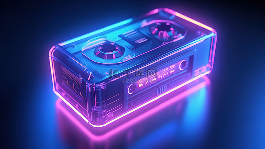 音乐元素背景图片_霓虹灯中的复古盒式磁带播放器图标照明3D ui ux 设计元素