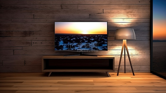 现代木桌展示 3D 渲染平面 LED 或液晶电视