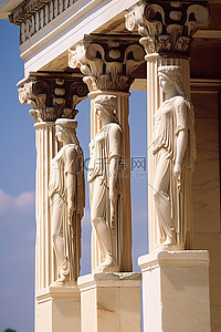 希腊风包装盒设计背景图片_希腊一座大型寺庙的柱子上有四个雕像
