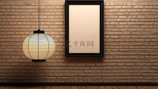 灯杆道旗背景图片_亚洲灯对空白框架砖墙的特写 3D 渲染