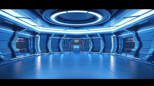 家背景图片_空荡荡的深蓝色工作室里有蓝色灯光的未来科幻大厅