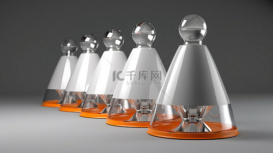橙色玻璃背景图片_1 一组白色和橙色玻璃扬声器，位于 3D 描绘的单调灰色背景上