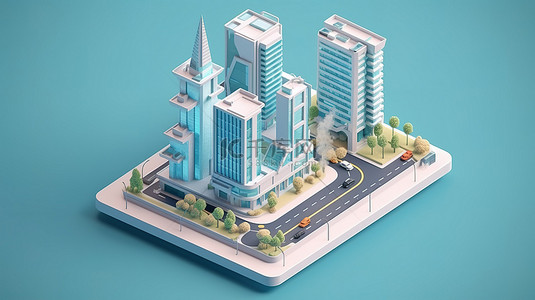 3d 渲染中的移动集成等距城市概念建筑