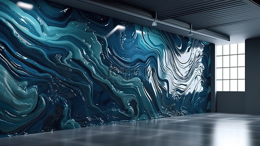 优雅的深蓝色 3D 墙饰与大理石地板完美适合室内设计