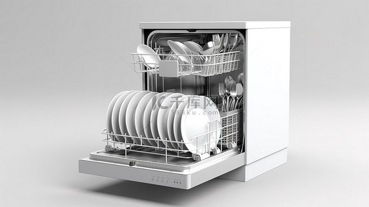 白色背景上独立洗碗机的 3D 渲染