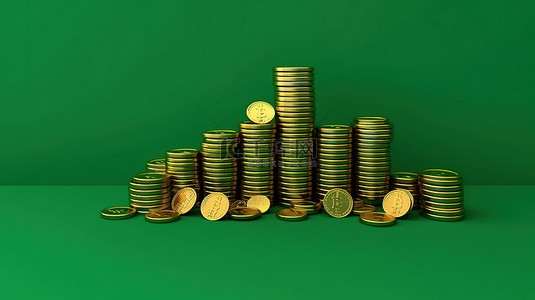用充满活力的绿色背景上的硬币简化银行业务 3D 渲染插图