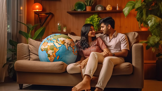 年计划背景图片_年轻的印度夫妇在舒适的沙发上使用 3D 地球模型计划度假
