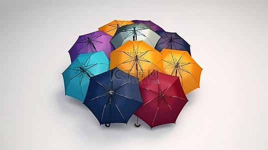 充满活力的雨伞展示 3D 插图，其中白色雨伞中间有彩色雨伞