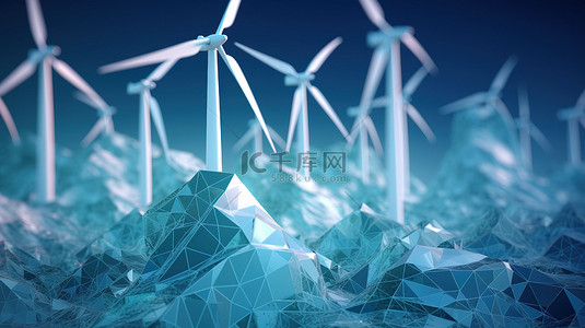 环境可持续性风力涡轮机太阳能电池和多边形的抽象 3D 渲染