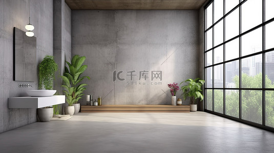 工业背景图片_简约浴室，配有工业阁楼风格的 3D 渲染水泥墙