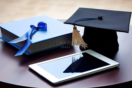 电脑背景图片_毕业帽旁边放着平板电脑和文凭