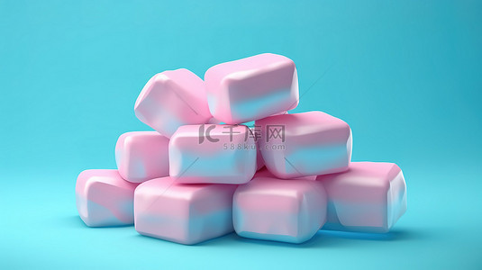 蓝色产品包装模板 3D 渲染上的清爽泡沫薄荷口香糖垫