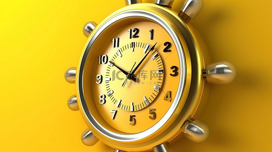 3D 渲染中带有时间箭头的黄色商务办公室时钟图标