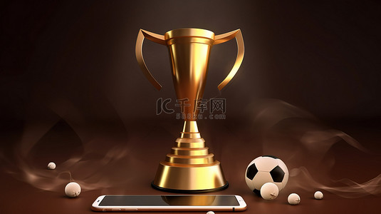 手机足球背景图片_青铜奖杯 vuvuzela 角和复制空间使用智能手机进行在线足球比赛的 3D 插图