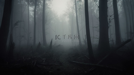 迷雾中险恶而荒凉的森林 3d 渲染