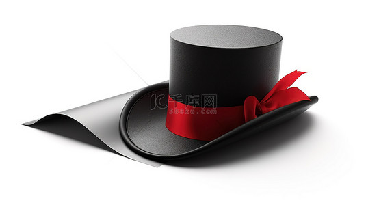 魔术舞台背景背景图片_迷人的高顶礼帽优雅的黑色圆柱帽，饰有醒目的红色丝带，衬托出 3D 渲染的白色背景