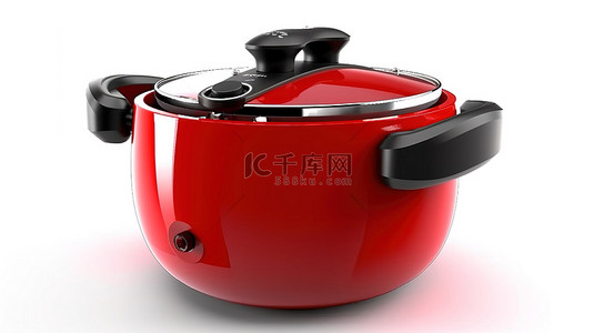 现代电动多功能炊具，具有 3D 创建的白色背景上的红色金属保修盾