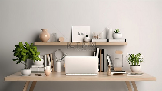 设计师背景图片_现代办公室艺术设计师的办公桌，配有空白笔记本电脑屏幕和创意用品模拟 3D 渲染