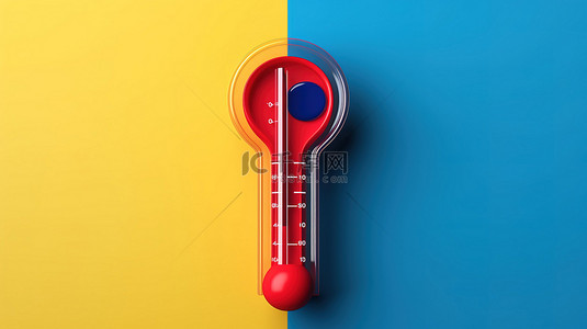 温度调节概念 3d 在代表冷和热的黄蓝色背景上呈现蓝色和红色温度计