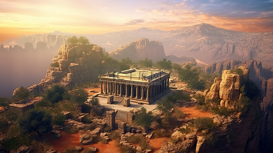 全景山地古庙的 3D 插图，描绘了过去文明的遗迹