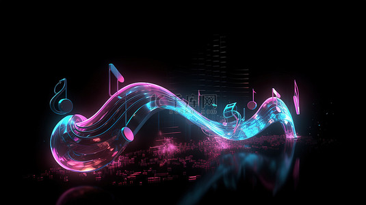 深色背景用霓虹灯浅蓝色和粉红色声波和 3d 渲染中的音符照亮