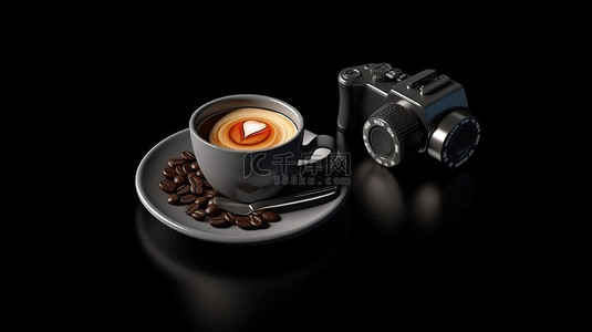 黑色背景上带有咖啡杯的相机的 3D 渲染