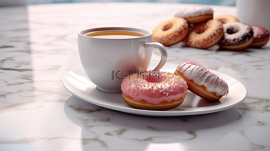 蛋糕盒子背景图片_杯子里的咖啡和甜甜圈 3D 渲染插图