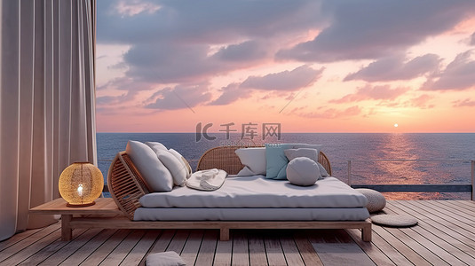 木制露台上的暮光海景，配有 3D 渲染的沙发床