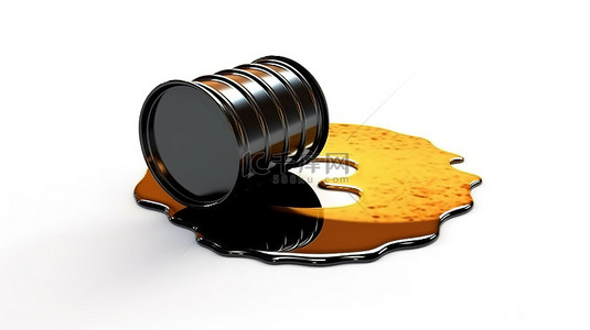从白色背景油桶中倾倒原油的石油产品概念的 3d 渲染