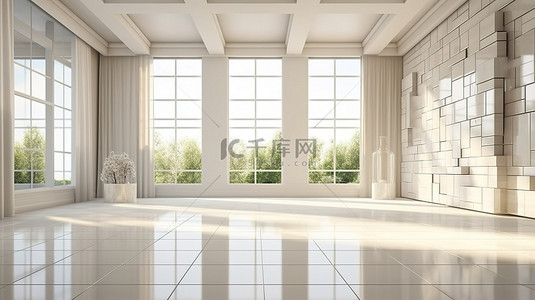 家具背景图片_宽敞时尚的内饰现代豪华与玻璃砖墙 3D 渲染