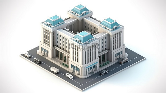 政府背景背景图片_白色背景的城市金融大楼的 3D 等距视图渲染