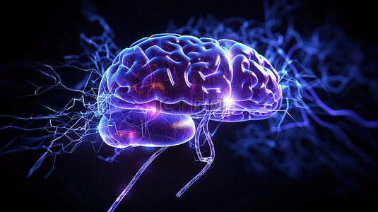 具有 X 射线视觉和电子连接的 3D 渲染人工智能大脑