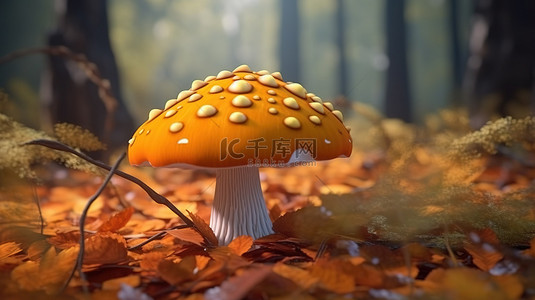 3D 渲染插图中的大自然秋季主题橙色点蘑菇