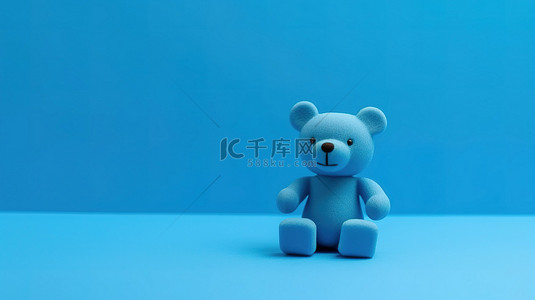 简约概念玩具业务 3D 渲染蓝色玩具熊坐在蓝色背景上