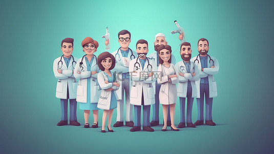 医生护士卡通背景图片_医疗团队与注射器卡通风格 3D 插图的医生和专家