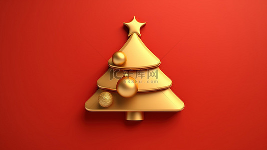 圣诞树图标红色哑光背景上闪闪发光的金色符号 ​​3D 渲染的社交媒体徽标
