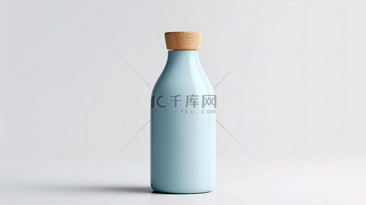 蓝色当代设计的带木帽的有机奶瓶，在白色背景上以 3D 渲染呈现