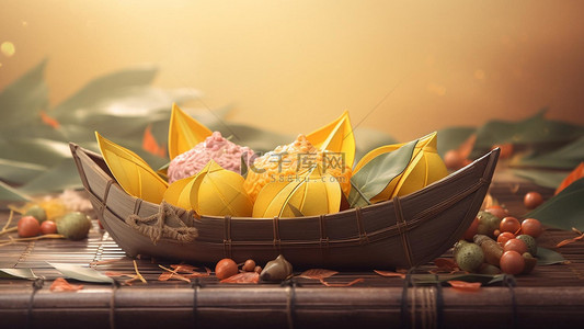 粽子形象背景图片_端午节粽子美食黄色粽叶
